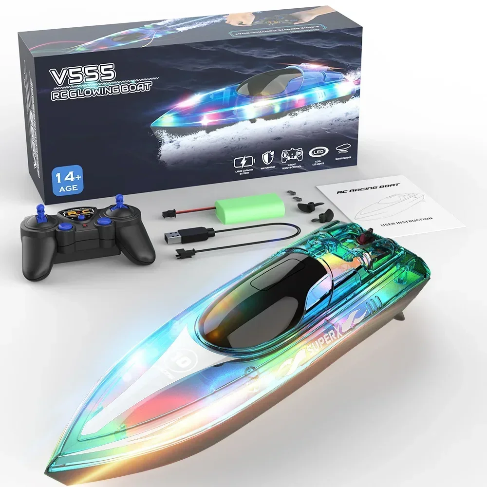 Éclairage de bateau RC de course V555, 2.4GHz, 15 km/h, avec couvercle transparent et effet de lumière LED brillante, pour jouets de piscine