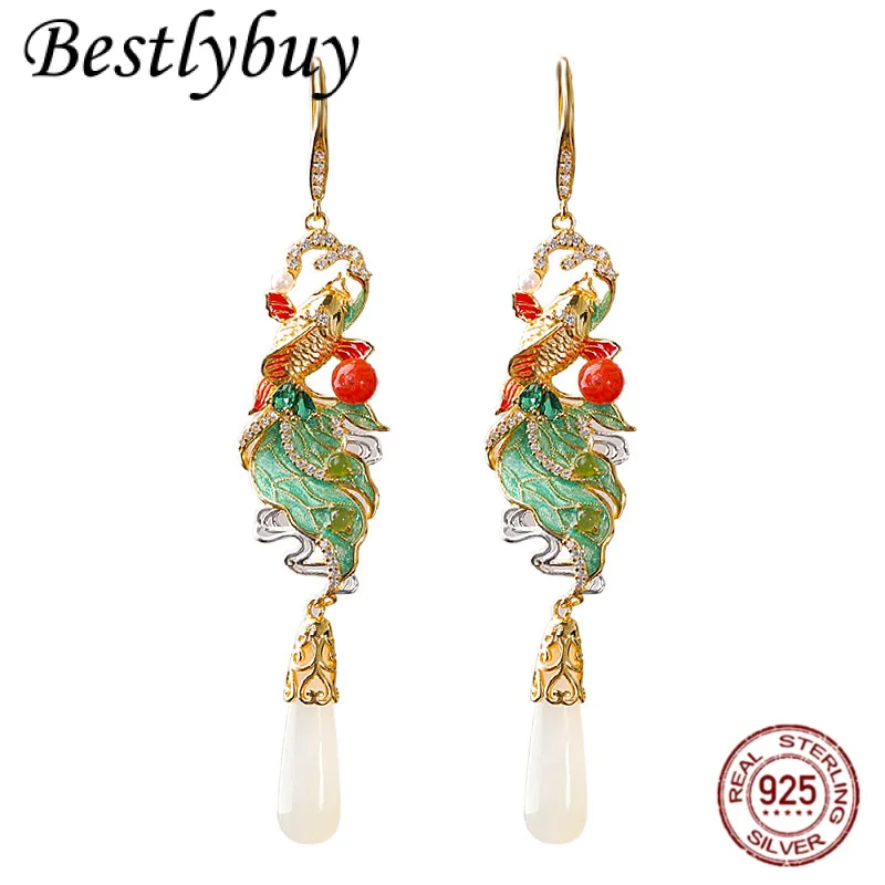 

НОВЫЕ серьги из стерлингового серебра 925 пробы с позолотой из натурального нефрита Хотан, женские длинные серьги в дворцовом стиле, длинные синие серьги Lucky Fish