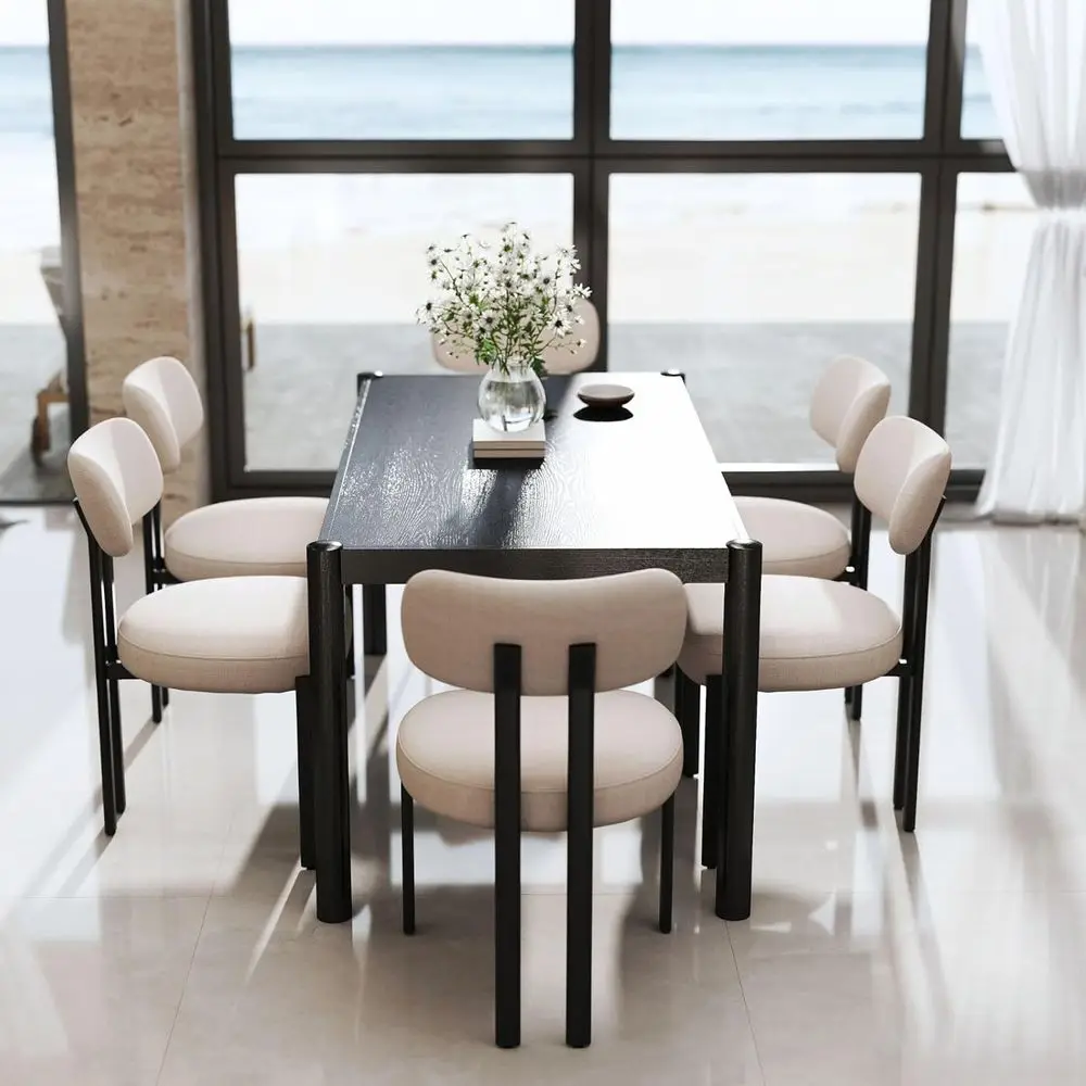 

Набор из 6 современных обеденных стульев с обивкой из льна и изогнутой спинкой, черные металлические ножки, светло-бежевый для кухни и ресторана