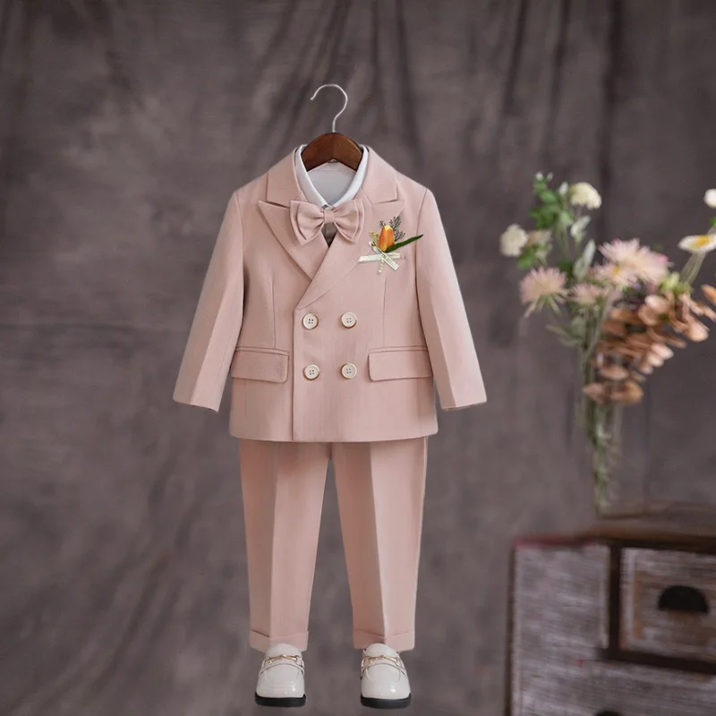 Boys Girls Formal Pink Wedding Suit Set Kids Piano Host Speech Chorus Performance Costume Children's Birthday Blazer