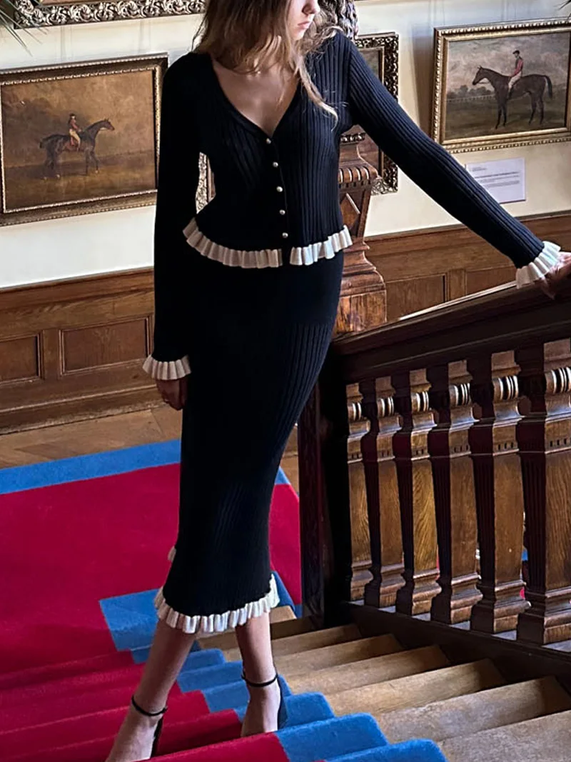 DGLUKE White Knitted Set Woman 2 Pieces Outfit Long Sleeve Cardigan Sweater And Long Skirt Sets Fall Winter New In Matching Sets