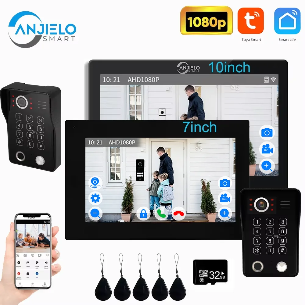 Anjielo tuya 1080P monitor de toque de 7/10 polegadas desbloqueio de impressão digital sistema de segurança de campainha de vídeo porteiro para casa villa