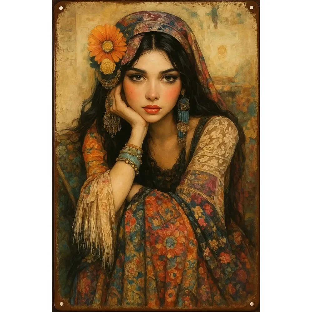 Vintage Bohemian Gypsy Woman Metal Tin Sign Floral Dress Headscarf Retro Wall Art for Bedroom Cultural Home Decor