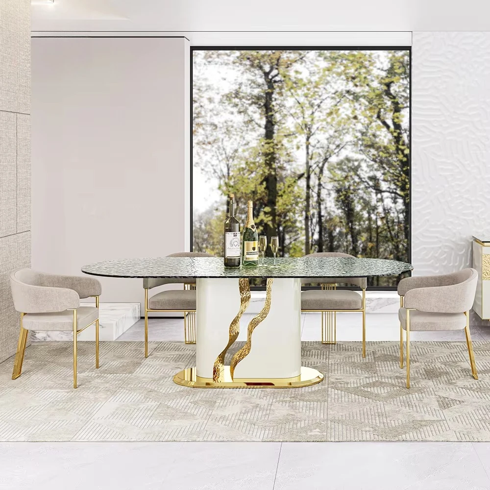 

Modern style elegant luxury villa furniture dining table full set design wave stainless steel base large size