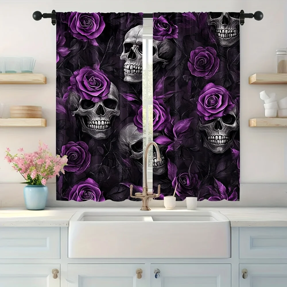 Skull Purple Rose Curtain Panels, Gothic Skulls Blooming Purple Rose Dark Background Print Drapes for Gothic‑Style Bedroom Home