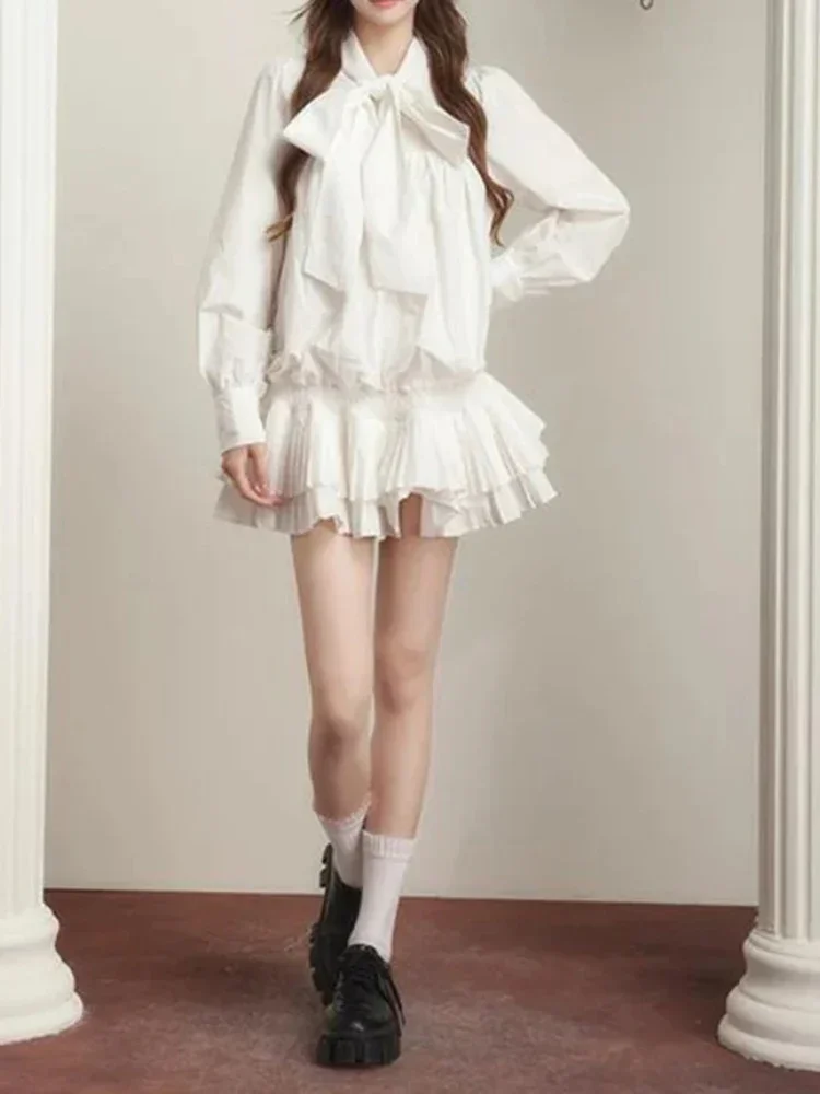 Nova manga comprida branca plissada renda até camisa saia para mulheres moda coreana e doce estilo universitário casual mini vestido feminino