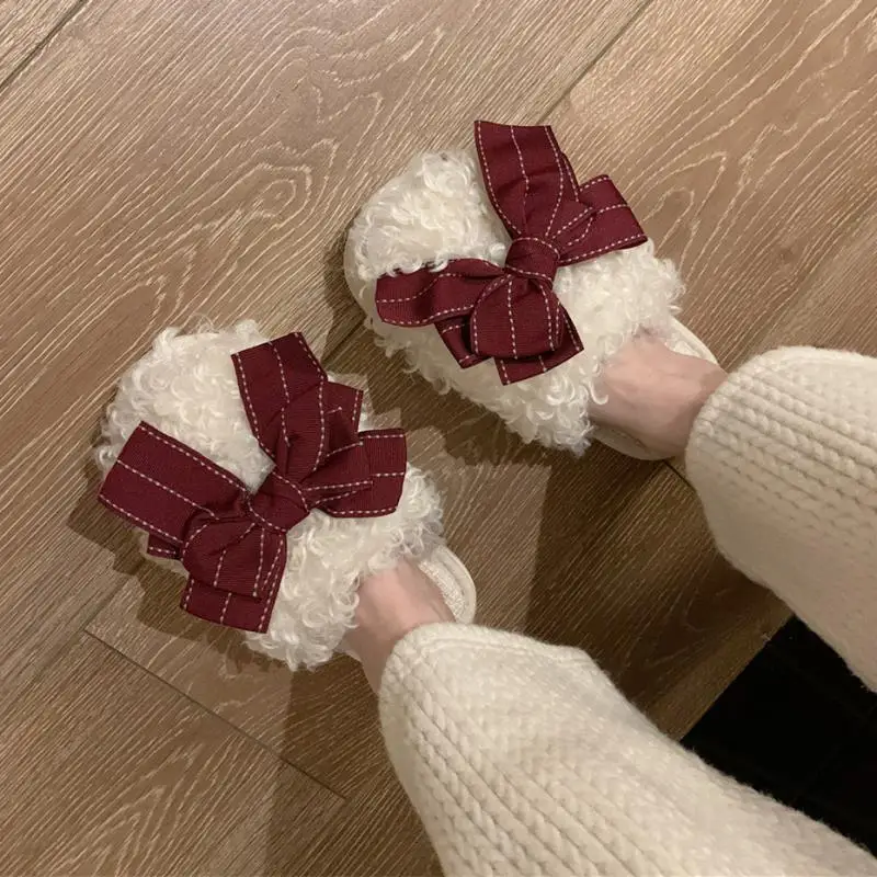 Anti Slip Fuzzy bow tie Slippers for Women in Autumn and Winter Warm Home Anti-slip Comfortable Thick Soles Cotton Slippers