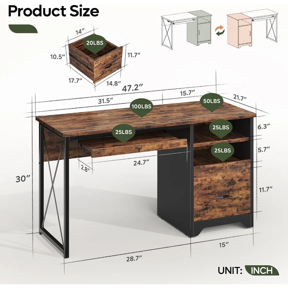 47 مكتب كمبيوتر مع أدراج، مكتب مكتب منزلي صغير مع درج، مكتب مكتب صناعي قابل للعكس مع مساحة تخزين ولوحة مفاتيح. #3