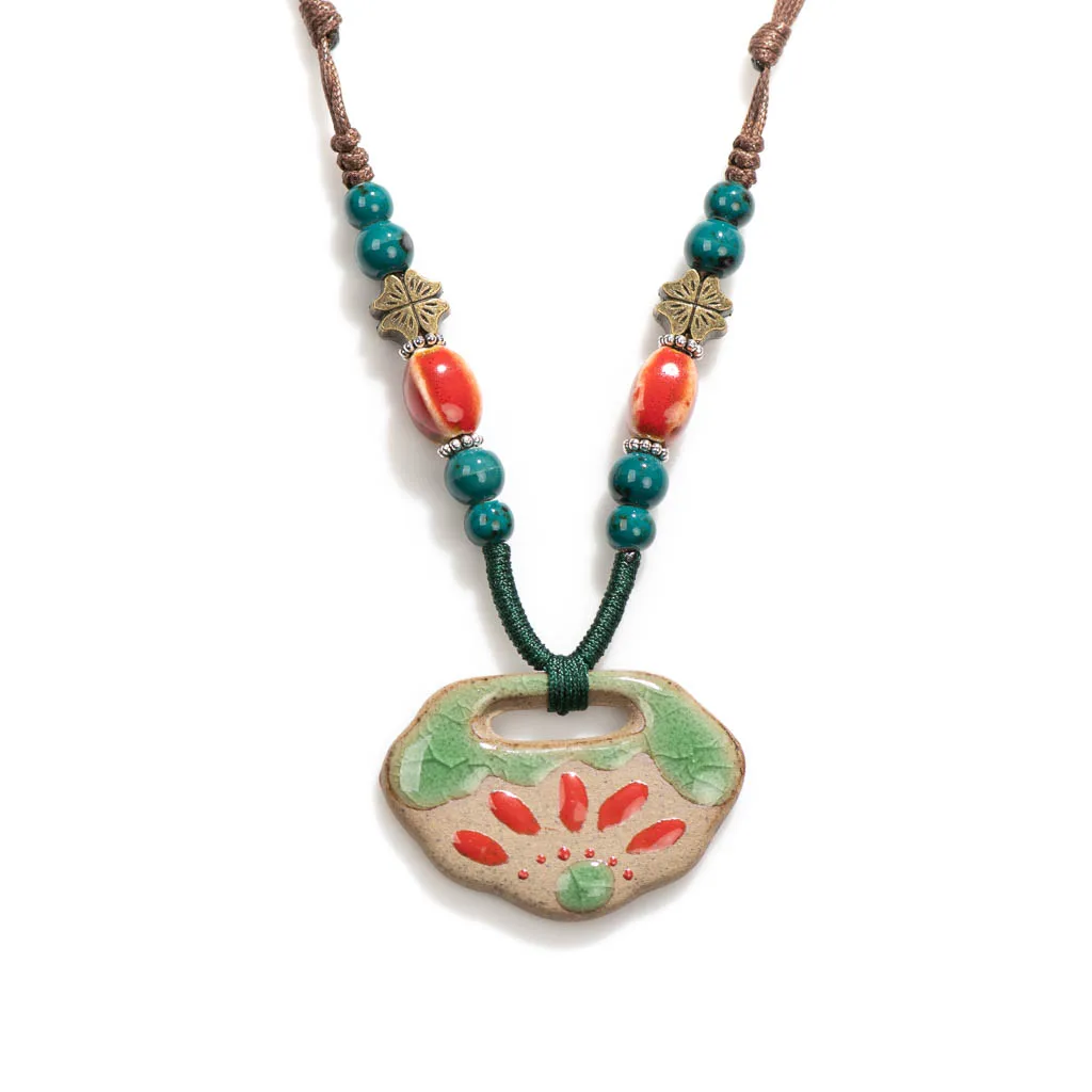 Handmade Vintage Ceramic Necklace Retro craft pottery Ethnic Style Chinese Pendant Unique Women\'s Accessory  X840G