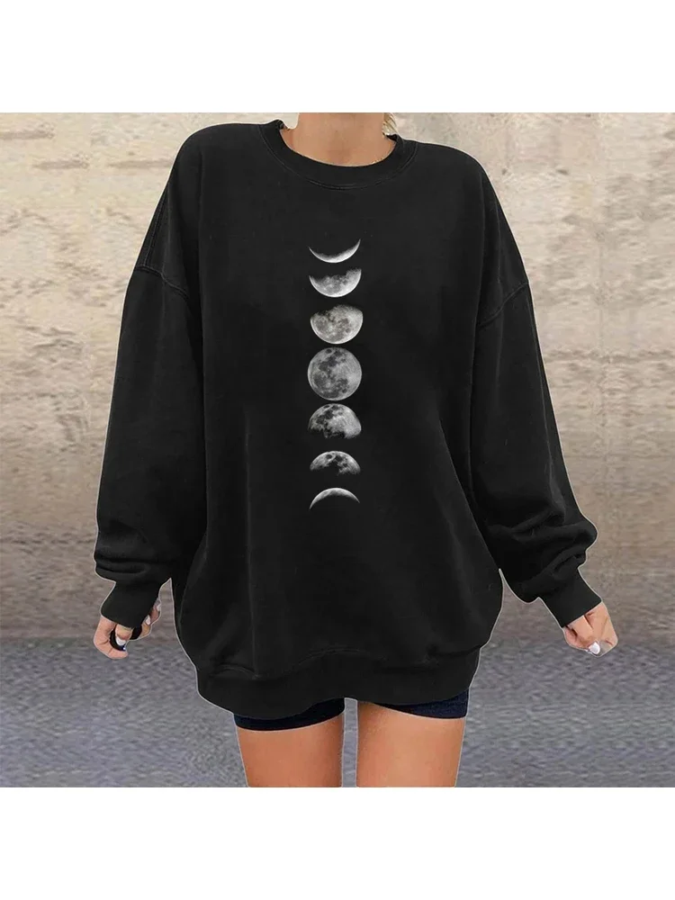 Oversize Women Casual Loose Fashion Hoodies New Funny Moon Print Sweatshirt Fashion Pullovers