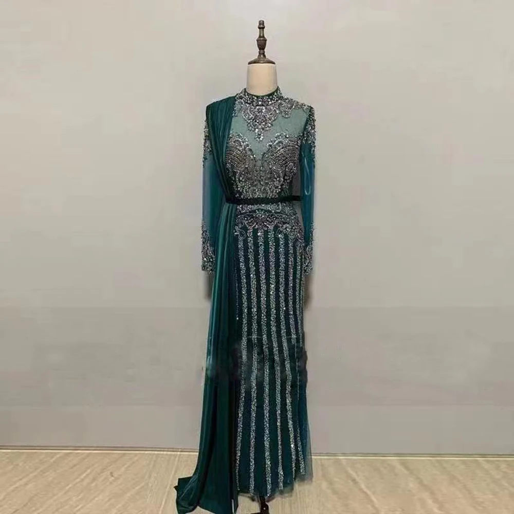 Women Gray Illusion Evening Dress 2024 Arabic Elegant Sequined Luxury Dubai Beaded Formal Party Crystal Prom Gown Robe De Soiree