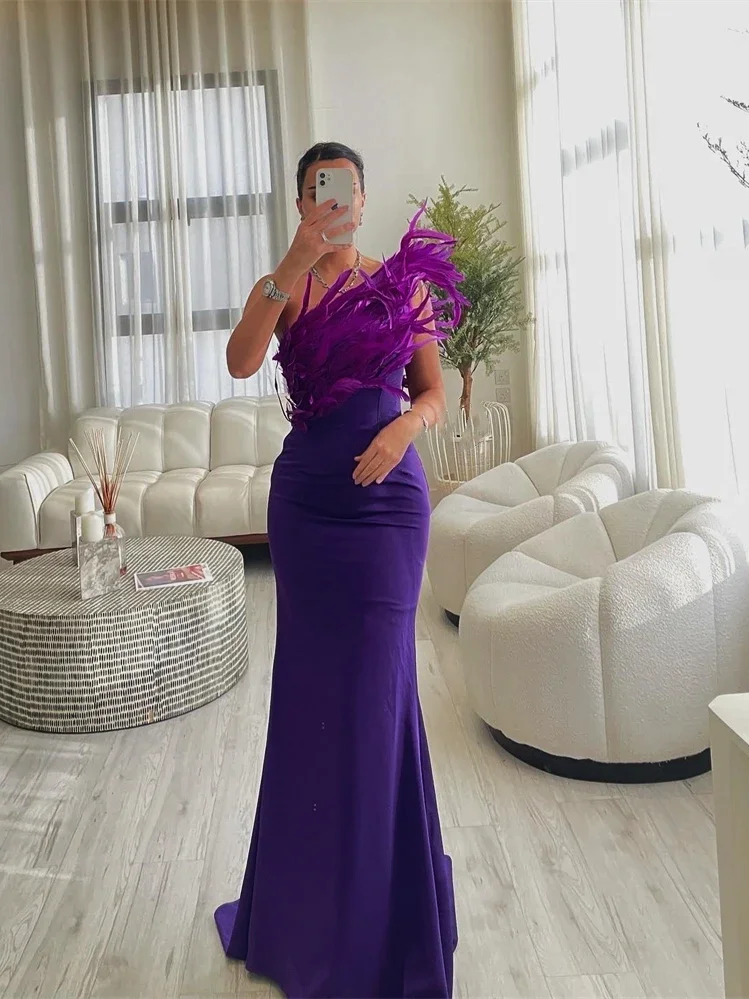 Prom Dresses Fashion One Shoulder Sheath Party Dress Floor Length Sleeveless Feathers Formal Evening Gowns 이브닝드레스 فستان سهره