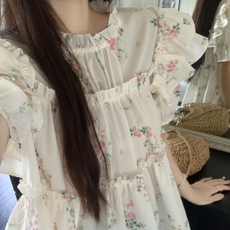 Princess Floral Blouses Women Graceful Ruffles Age-reducing Kawaii Summer Mori Girl Style Fashion New Korean Version Loose Tops