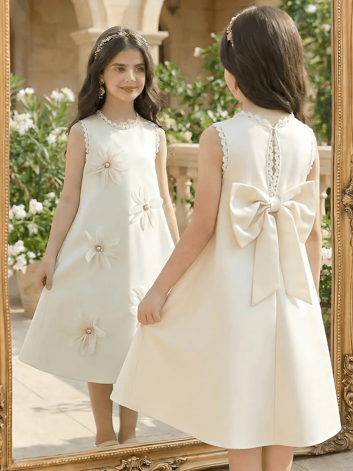 Vestido de Fiesta Formal para Niñas, 1 Pieza, con Encaje Crema y Adornos Florales, para Invitadas de Boda, Sesiones de Fotos en el Jardín, Cumpleaños