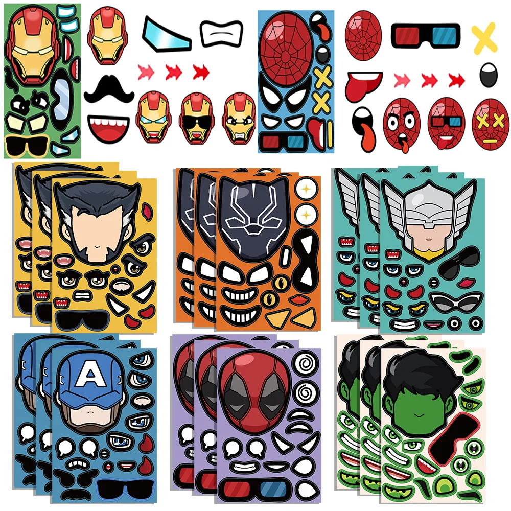 8pcs Disney Marvel Super Hero DIY Puzzle Stickers Make A Face Funny Cartoon Anime Decals Assemble Jigsaw Children Boy Toy Gifts