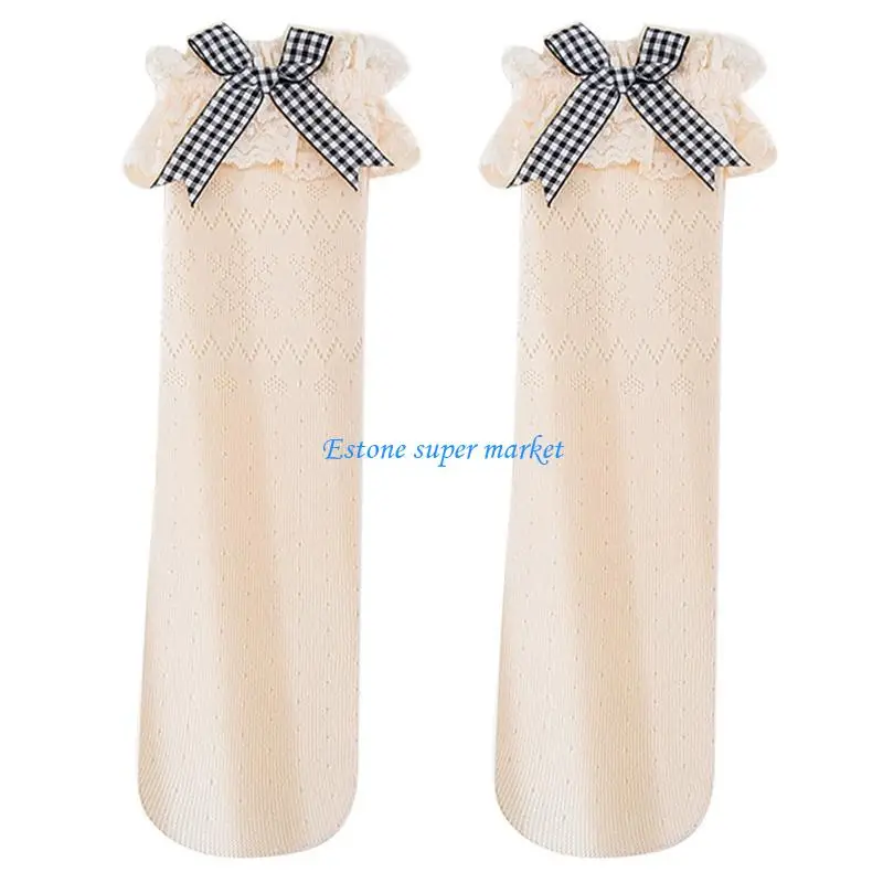 

090B Baby Breathable Lace Socks Children Kids Bowknot Middle Tube Socks Spring Summer Autumn Warm Stocking Knee High