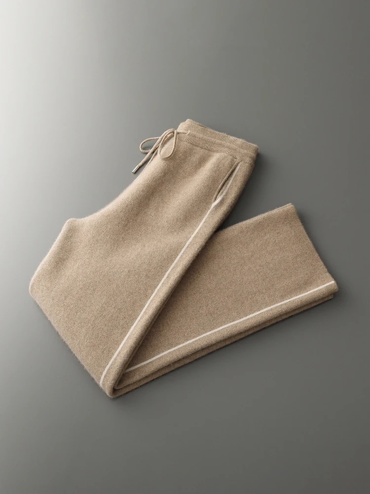 Chic Jacquard  Thick  Wide Leg Pants Men's Autumn Winter Elastic Waist 100% Cashmere Casual Knitted Pants High Quality Trousers