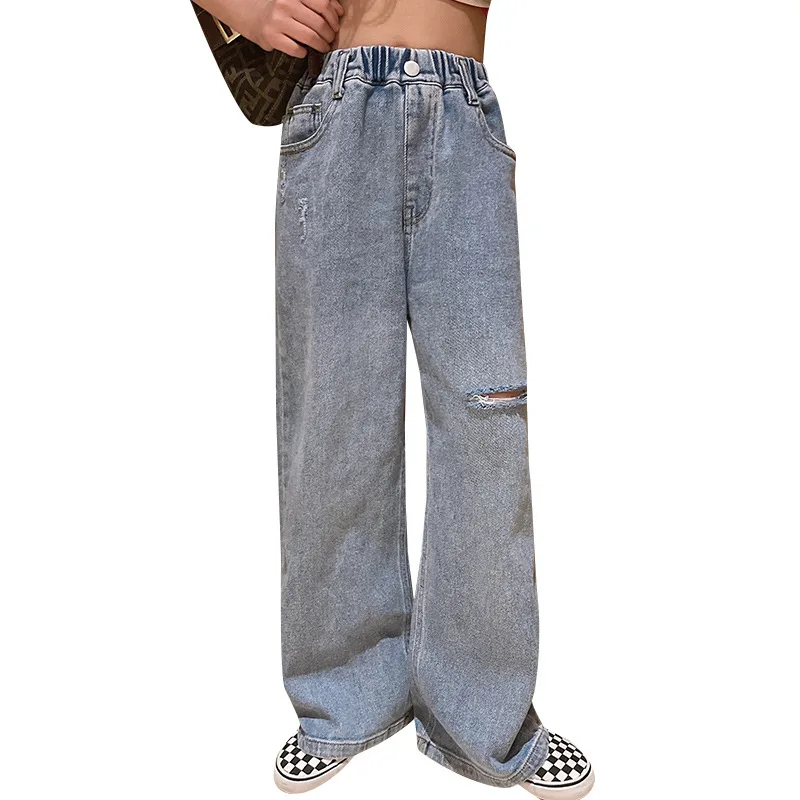 Girls Ripped Wide Leg Jeans High Waist Loose Straight Pants Trendy Spring Casual