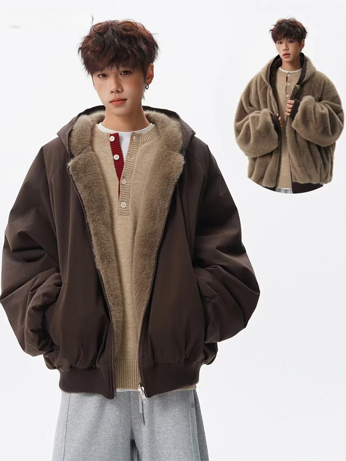 

American Retro Double-Sided Wear Plu Thiened Hooded Cotton Jaet Men Women Winter Warm Couple Cotton Coat Outerwear