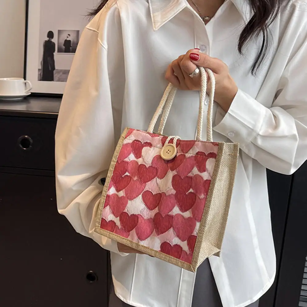 Love Heart Pattern Handbag Large Capacity Zipper Grocery Bag Women Linen Button Tote Organizer Portable Shopping Bag Lunch Bag