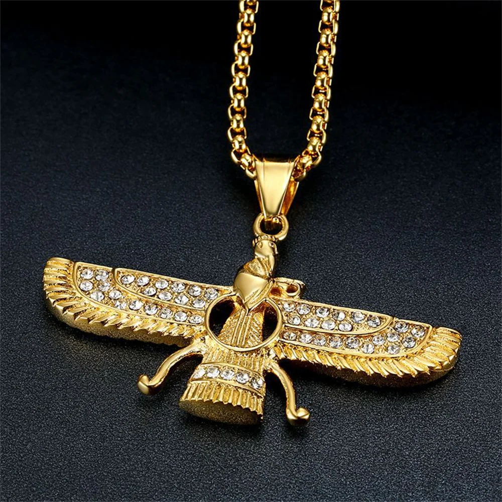 الهيب هوب مثلج خارج إيران أهورا مازدا Faravahar قلادة الذهب اللون الفولاذ المقاوم للصدأ الزرادق قلادة للنساء الرجال المجوهرات هدية