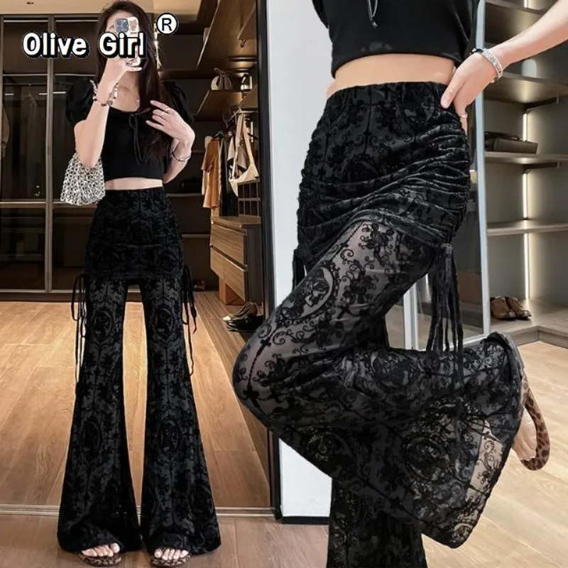 Olivegirl Women's Pants Flared Trousers Sexy Laced Hollow-out Summer 2026 Elegant Black High-waisted Draped Pants Back Pleats