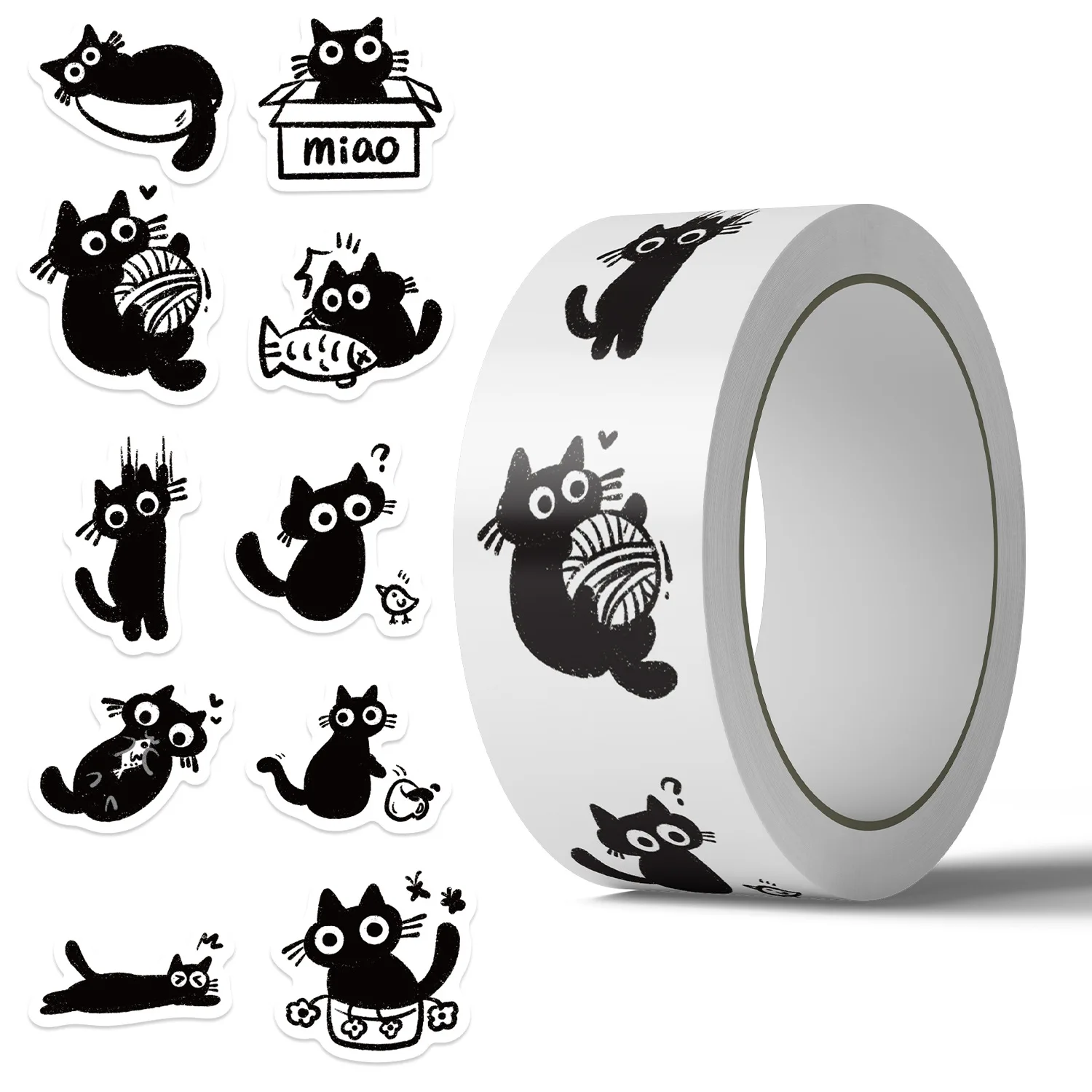 Rouleau d'autocollants chats noirs, 500 pièces, décalcomanies décoratives, artisanat, Scrapbook, guitare, bouteille d'eau, emballage cadeau, décor présent