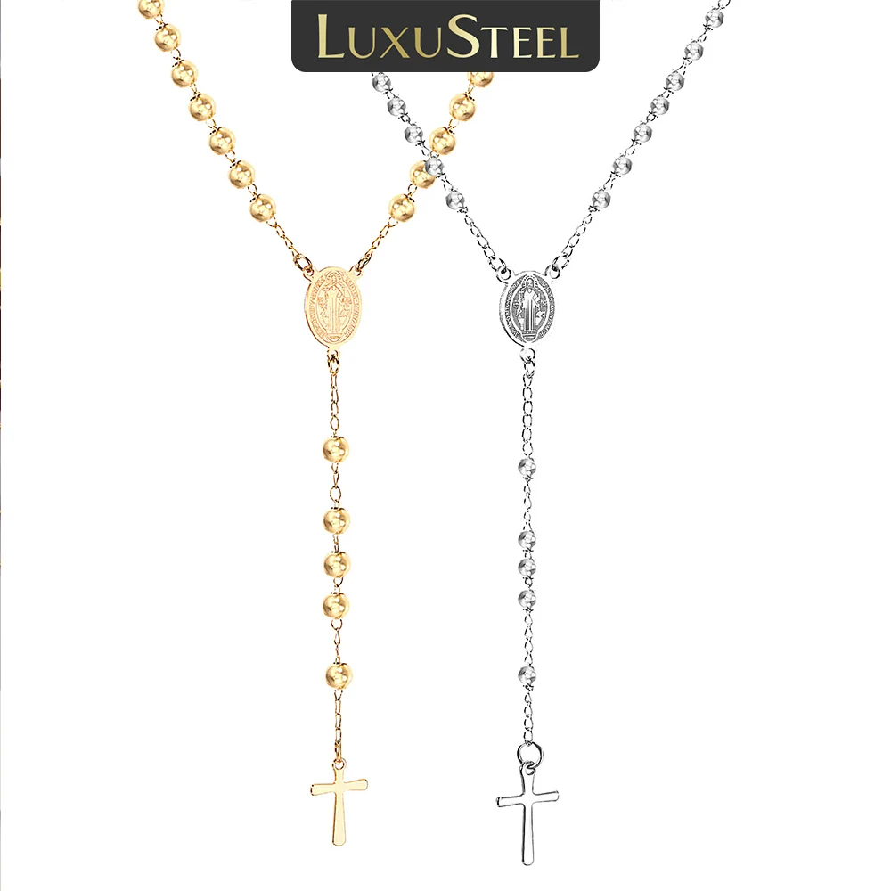 LUXUSTEEL Classic Jesus / Virgin Mary Pendant Necklace Stainless Steel Long Chain Cross Jewelry Gift for Faithful