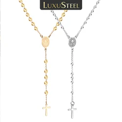 LUXUSTEEL Beads Jesus Cross Long Necklace For Women Men Stainless Steel Rosary Christian Catholic Religious Jewelry52cm/65cm+7cm