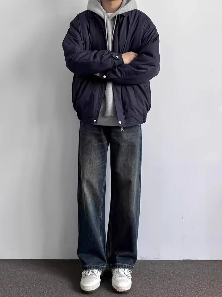 Calça Jeans Masculina Azul Escuro, Perna Reta, Inverno, Estilo Americano Retrô do, Perna Larga Soltinha, Micro Flare, Juv...