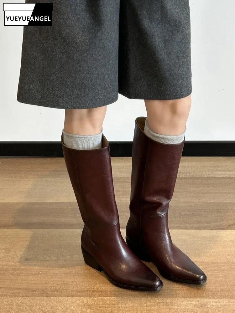 Elegant Women Cowhide Genuine Leather Knee High Boots Block Heels High Top Office Ladies Work Knight Boots Winter Fleece Lining