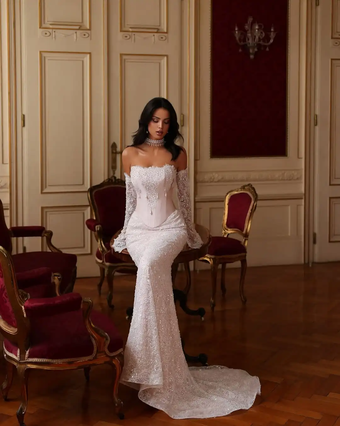 

Luxury Trend Mermaid Off Shoulder Long Lace Glove Pearl Beaded Tulle Embroidery Evening Formal Party Wedding Banquet Event Gown