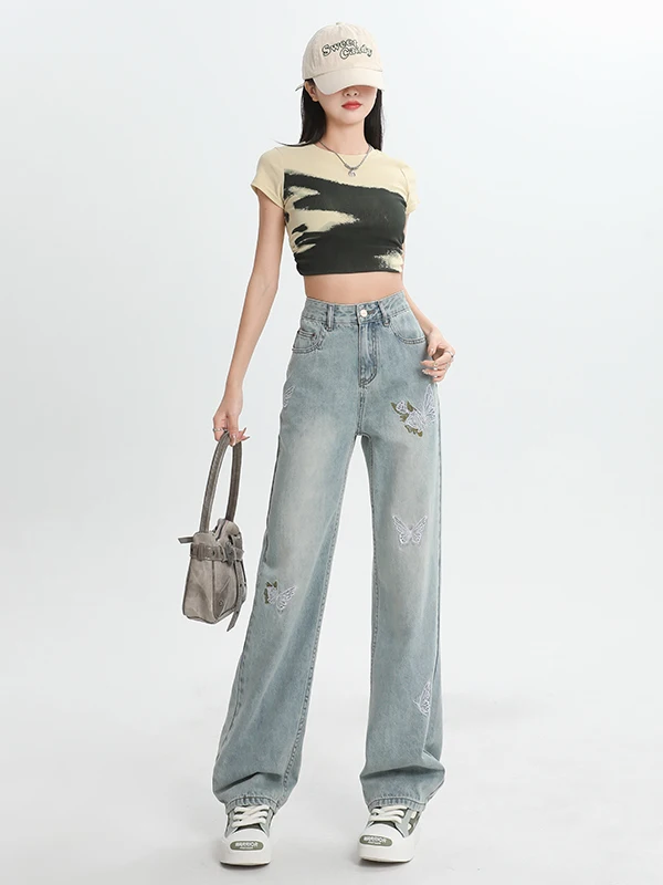 

New Chinese Style Embroidery Versatile Jeans High Waist Loose Fit Spring Summer New Vintage Wide Leg Floor Length P...