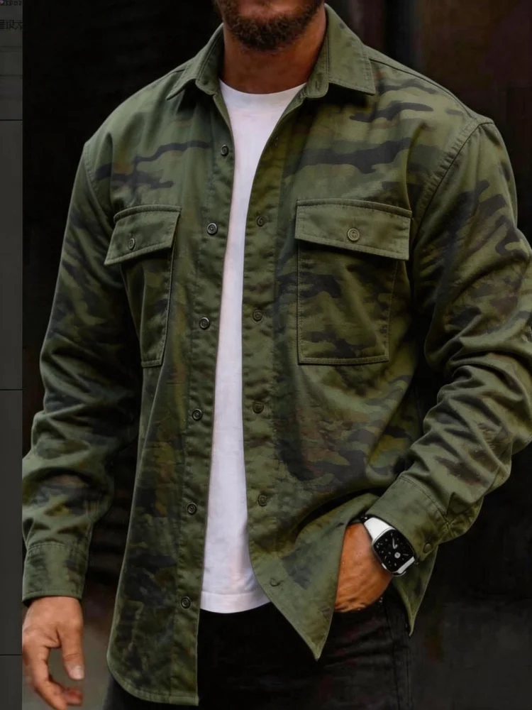 Men's Army Green Camo Graphic Fake Denim Shirt Jungle Camouflage Print Long Sleeve Cargo Pocket Street Daily Top
