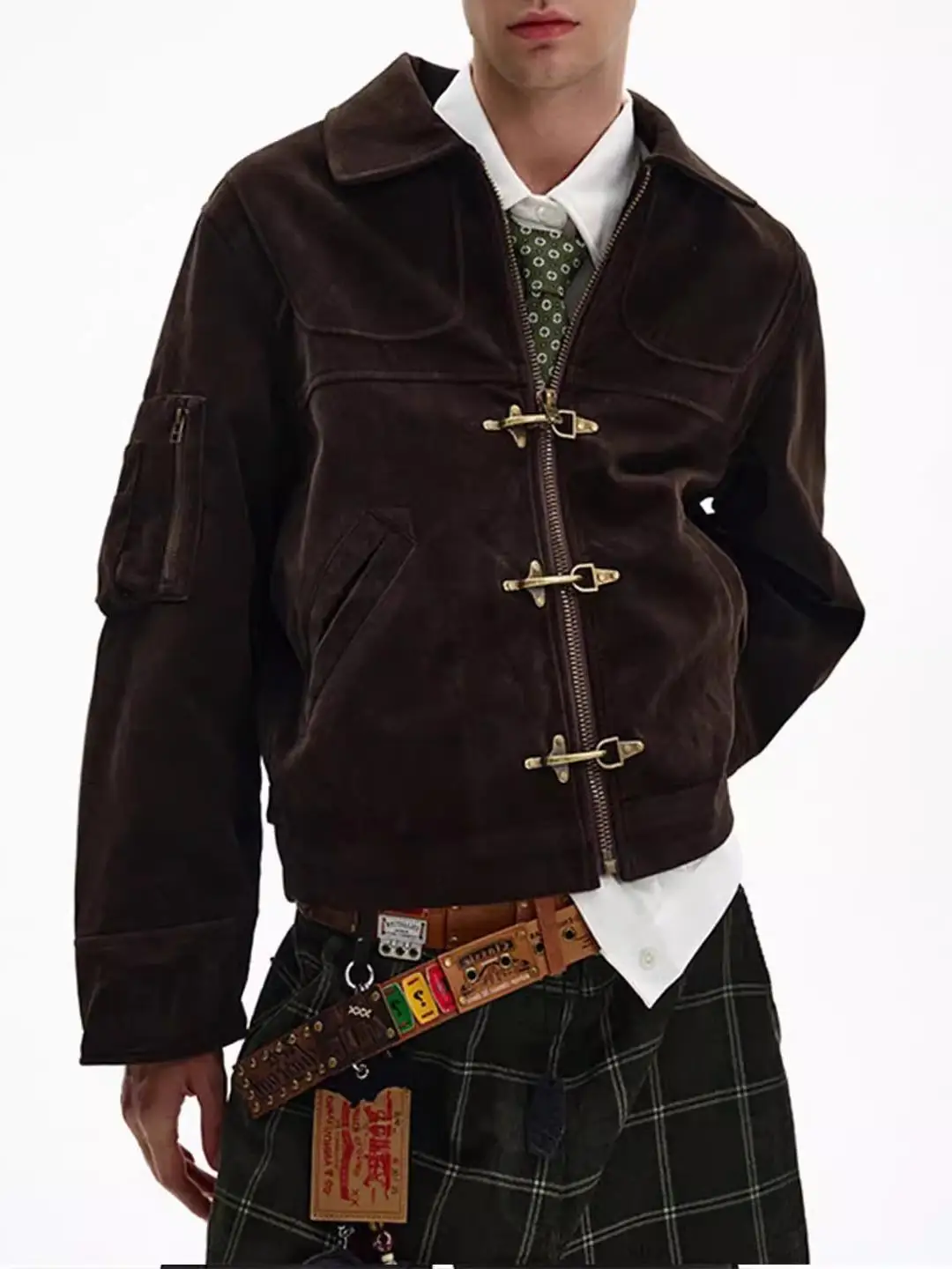 

Retro American Splice Aircrt Bule ort Jaet Men Women Street Sle Autumn Suede Collar Coat Youth Faion Polyester