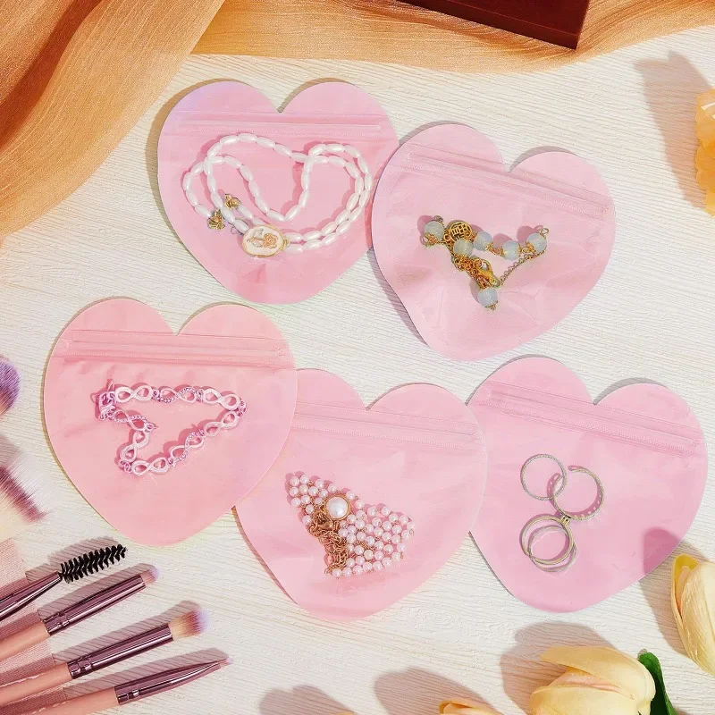 

100Pcs Pink Heart-shaped Translucent PVC Ziplock Bag Women's Jewelry Storage Sealing Bag Wedding Candy Souvenir Gift Packaging