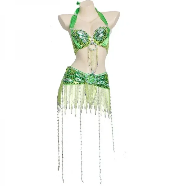 Vente en gros 12 couleurs danse du ventre paon soutien-gorge costume sexy gland perles soutien-gorge et ceinture ensemble pour femmes danse du ventre performance vêtements