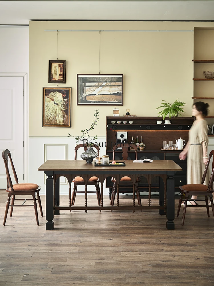 

04French retro all-solid wood dining table small household dining table