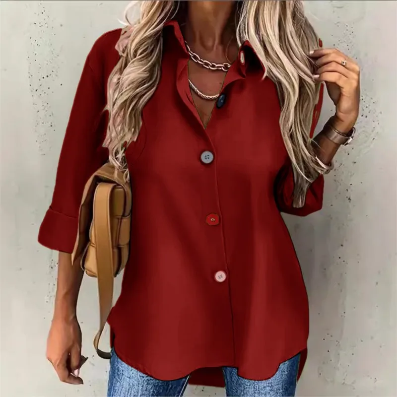 

Fashion Woman's Shirts Spring Summer Loose Solid Buttons Flip Collar Ladies Top Casual Simple Comfortable Office Lady Blouse