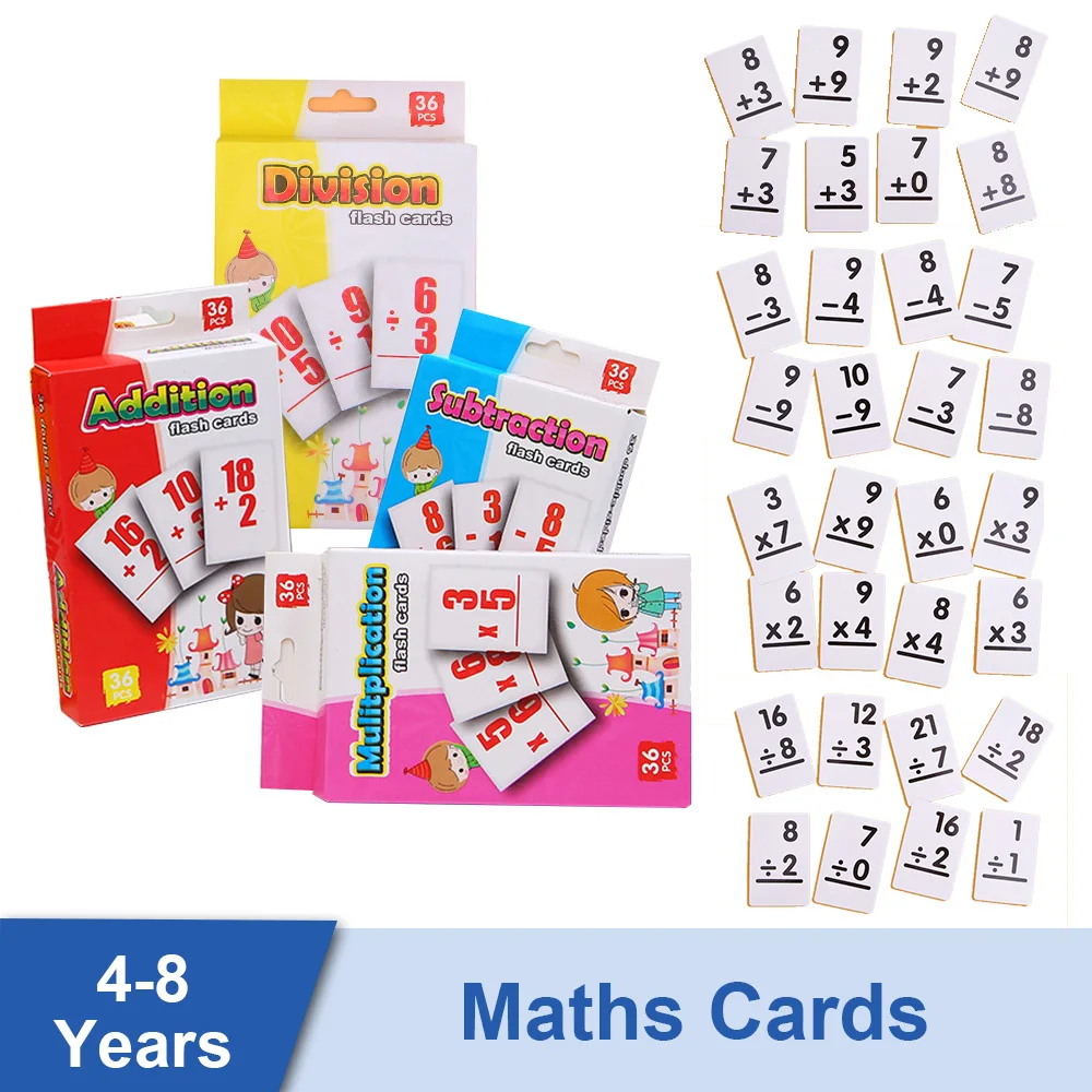 36 Pcs Math Flashcards Arithmetic Cards of Addition Subtraction Multiplication Division Kids Ages 4-8 Maths Learning Pocket Card