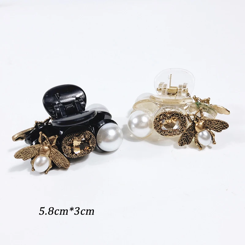 Fashion Imitation Pearl Crystal Bee Hair Claw Vintage Plastic Hairclip for Women Girls Makeup Washing Face Ponytail Bun Hairpin