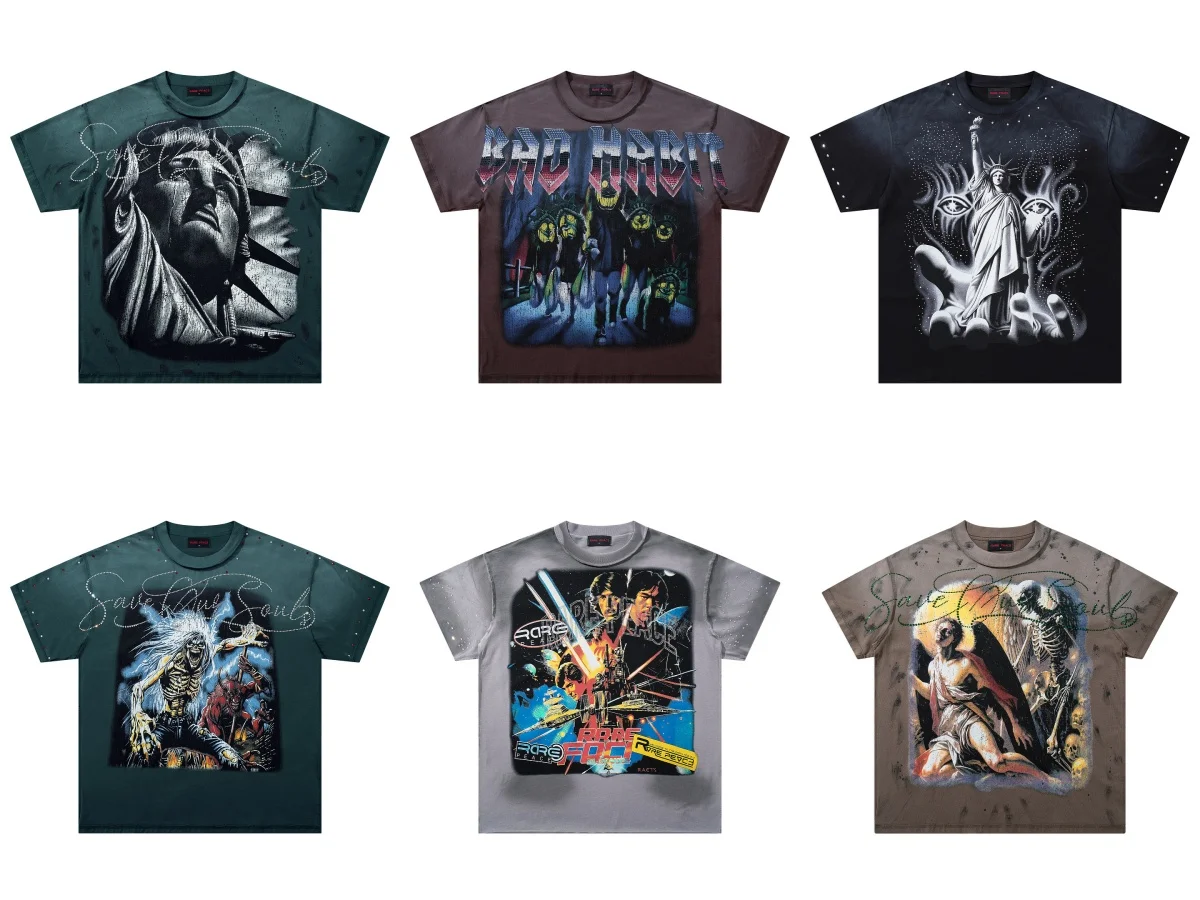 26SS Men T‑Shirt Rhinestone Statue Of Liberty US Flag Print Short Sleeve Tees Oversized Rare Peace Loose Casual Cotton T‑Shirt
