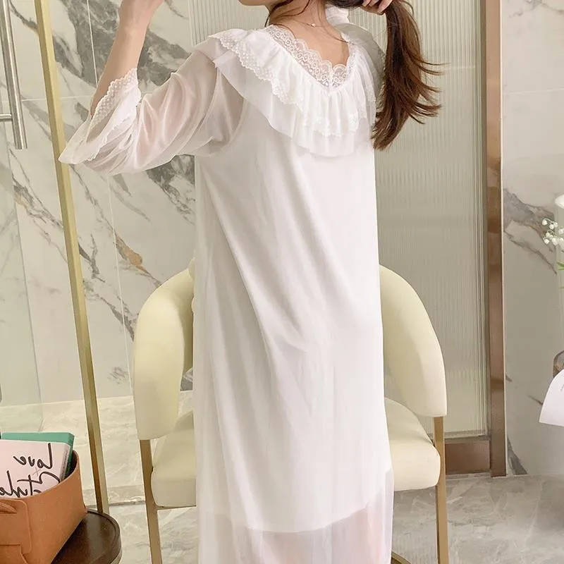 Fdfklak Losse Loungewear Nacht Jurk Vrouwen Casual V-hals Zoete Mesh Kant Nachtkleding Vrouwelijke Nightgowns Lange Mouwen Nachthemd