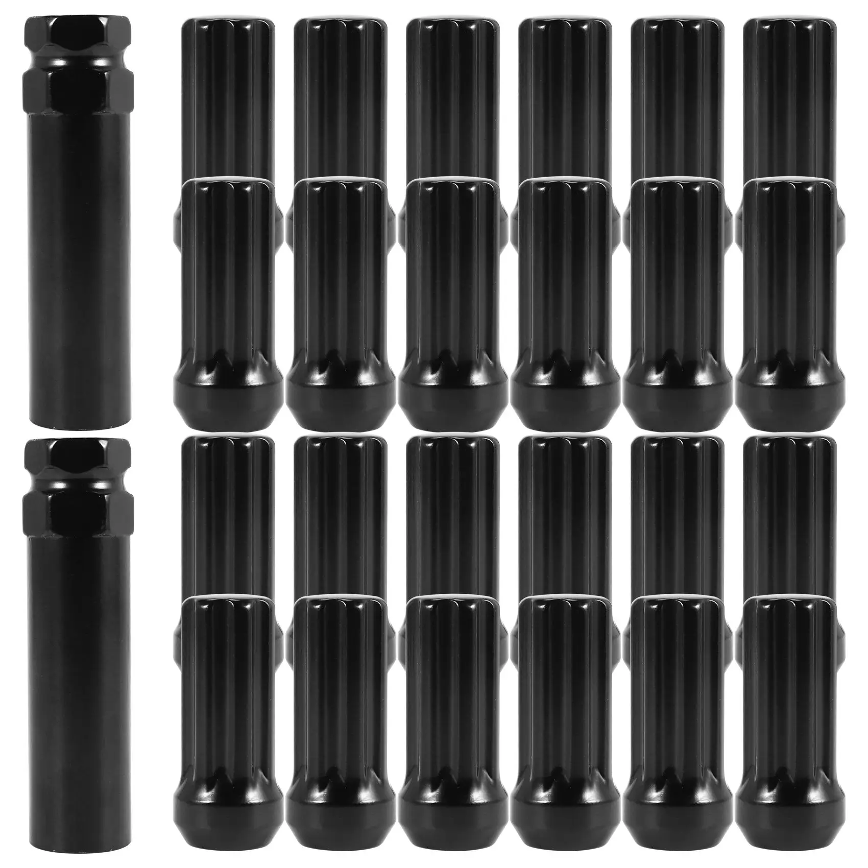 M14X1.5 Wheel Lug Nuts, 24 Pieces 14Mmx1.5 7 Spline Drive Awl Acorn Cone Lug Nuts 2Inch Long Black with 2 Socket Key