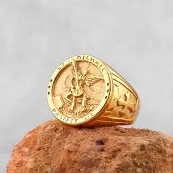 Archangel Religion Amulet Cross Ring Gold Color Stainless Steel Mens Rings Punk for Male Boyfriend Biker Jewelry Creativity Gift