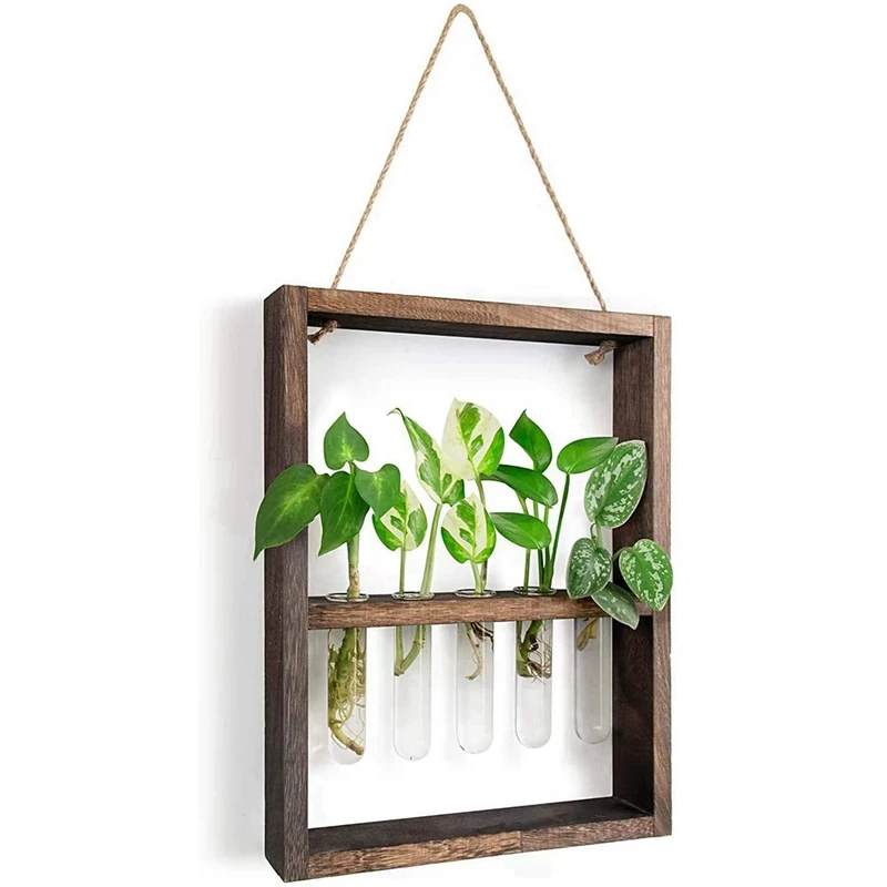 SEWS-Wall Mounted Hanging Plants Test Tube Flower Bud Glass Terrarium Wooden Frame For Home Garden Wedding Decoration