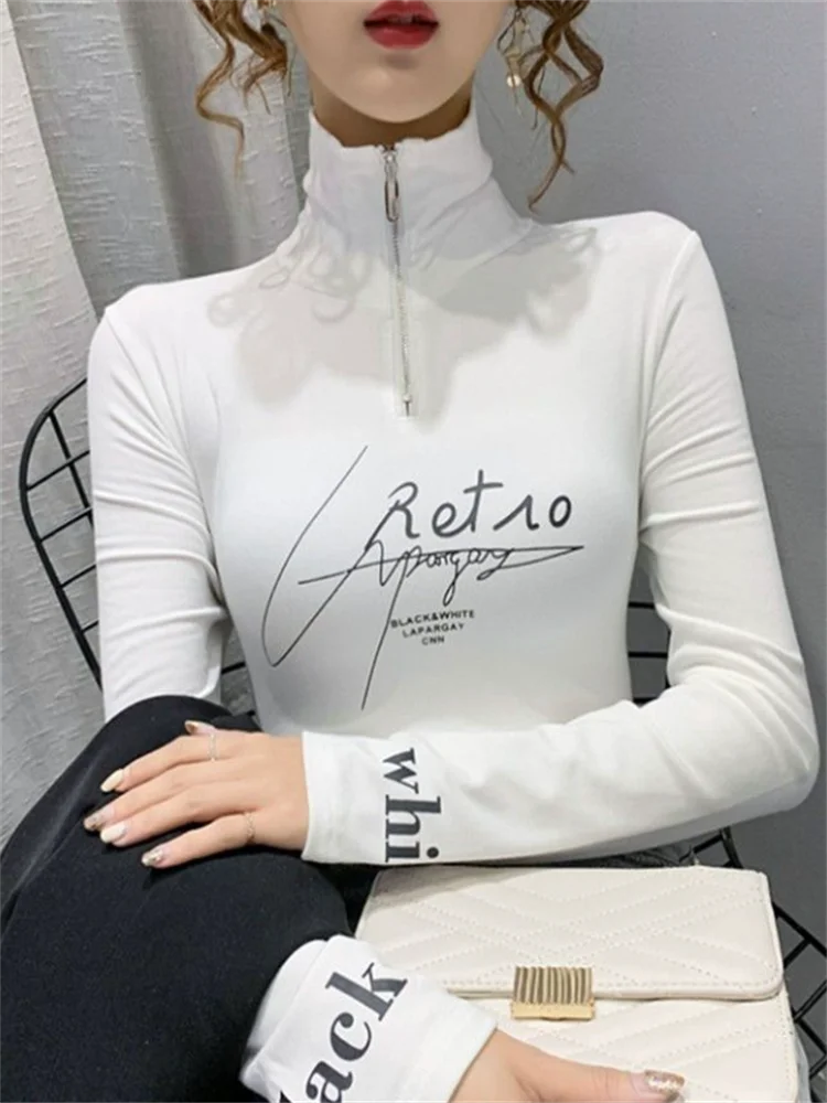 High Collar Women's T-shirts Letter Tshirts Autumn Winter Bottom Tops Zip Slim Top Long Sleeve Pullover Blous Fashion Female Tee