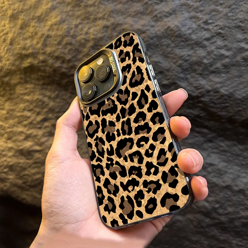 Brown Leopard Anti-drop Armour Phone Case For iPhone 15 Pro Max 15 14 13 12 11 Pro X XR XS 7 8 Plus Lens protect plating Cover