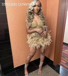 Gold Sheer O Neck Short Prom Dresses For Black Girls Beaded Crystal Birthday Luxury Party Dress Feathers Mini Cocktail Homecomi