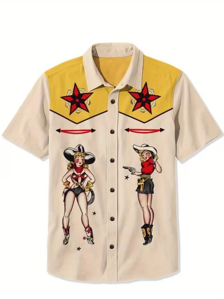 Men Western Cowboy Short Sleeve Shirt Crow Red Rose Floral Print Patchwork Contrast Color Lapel Button Down Casual Vintage Stree